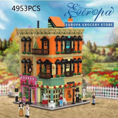 Hot city street view Europe Grocery store moc building block figures toys store bricks collection for kids adults gifts