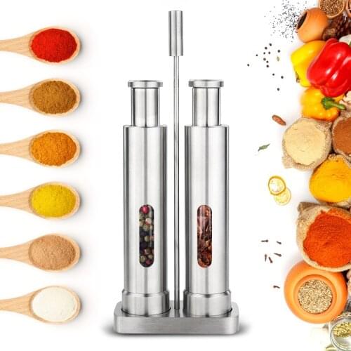 Two-Pcs Manual Pepper Mill Salt Shakers Thumb Push One-handed Pepper Grinder Stainless Steel Spice Sauce Grinders Kitchen Tools