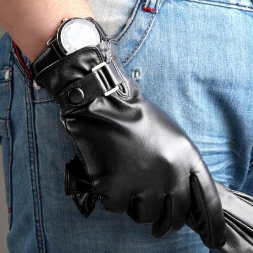 2020 New Mens Genuine Leather Gloves Male Autumn Winter Belt Button Plush Lined Black Lambskin Leather Gloves M013NC-1
