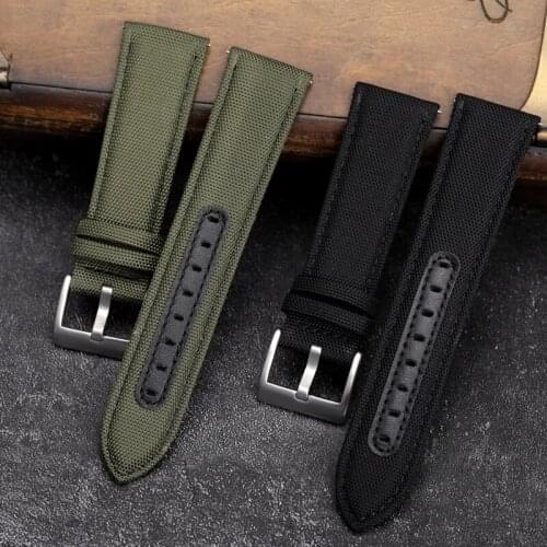 Canvas And Leather Watchband 20MM 22MM Black And Green Mens Military Watch Strap Handmade Bracelet