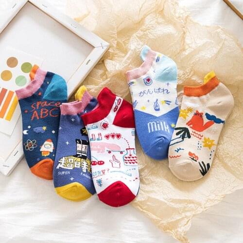 1 Pair Fashion Summer Women Socks Pattern Print Cute Funny Cartoon Girl Animal Colorful Ankle Cotton Casual Invisible Slippers