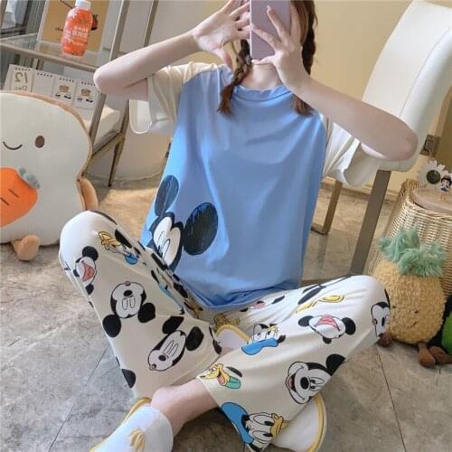 Disneys new Mickey Minnie print girl cute cartoon pajamas short-sleeved trousers girl home service suit pajamas