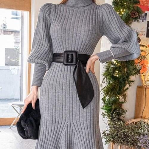 Turtleneck Grey Black Sweater Dress Women Warm Knitted Thick Casual 2021 Solid New Woman Winter Jumper Dresses Korean Pollover