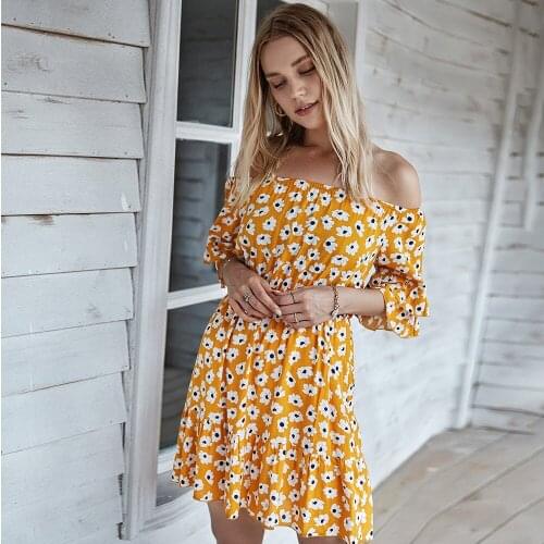 Summer New Sexy And Cute Off-shoulder Daisy Dress Women Fashion Slash Neck Short Sleeve Ruffle Dress Femme Robe Vestido De Mujer