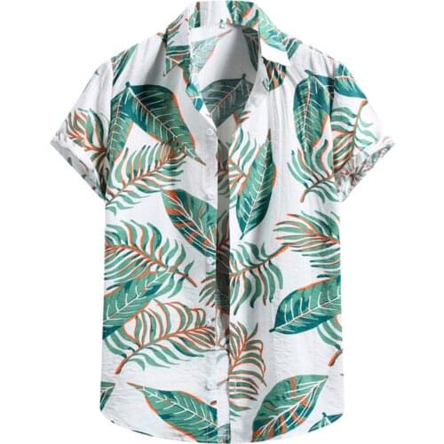 Casual Hawaii Beach Short Sleeve Mens T-shirts Summer Loose Tropical Print Button Down T-Shirt Top Leisure Vacation Men Tops