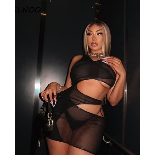 GGLNOO Sheer Mesh Midnight Party Mini Dresses Summer Cut Out Black Transparent Skinny Tank Dress Women Sleeveless Clubwear Hot