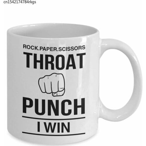 Rock Paper Scissors Throat Punch I Win Mug, 11 oz Ceramic White Coffee Mugs