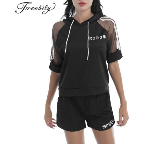 Sexy Women Summer Sport Suit Running Gym Fitness Tracksuits Casual Mesh Half Sleeves Hooded Hoodie T-shirt Top+Shorts Sports Set
