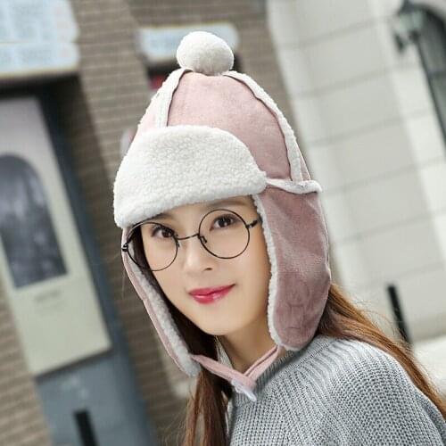 MingJieBiHuo Cute ball lamb wool hat Korean version of the tide warm earmuffs solid color cotton small women girls Bomber Hats
