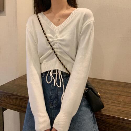 Sweater Womens Loose Long Sleeve V-neck Drawstring Short Knitted Top Autumn Winter