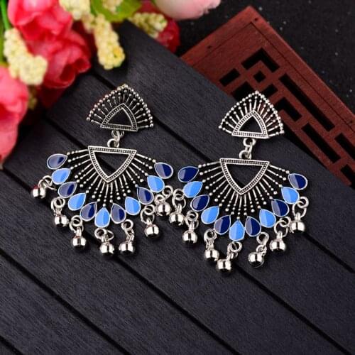 Vintage Bohemia Sector Blue Earrings Hollow Out Silver Color Beads Tassel Dangle Earrings Triangle Tibetan Jewelry HXE061
