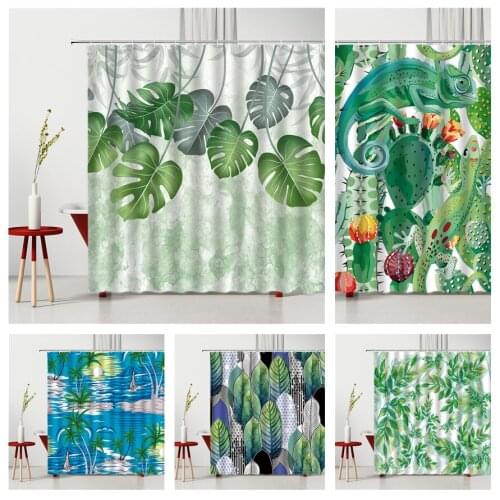 Green Plant Shower Curtain Hooks Tropical Cactus Coconut Tree Environmental Protection Waterproof Bathroom Decoration