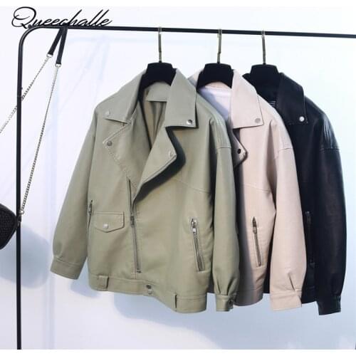 2020 Autumn Winter Avocado Green PU Leather Jacket Loose Turn-down Collar Zipper Fashion New Womens Wild Jacket Coat Black