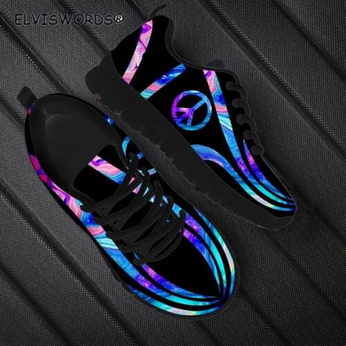 ELVISWORDS Hippie Peace Sign Print Leisure Lace-up Flat-Shoes for Women Stylish Comfortable Ladies Air Mesh Sneakers Footwear
