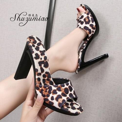 Shuzumiao Slippers 2020 Summer New Outside Slipper High Heels Shoes for Women Sexy Leopard ladies Shoes Block Heel Slides women
