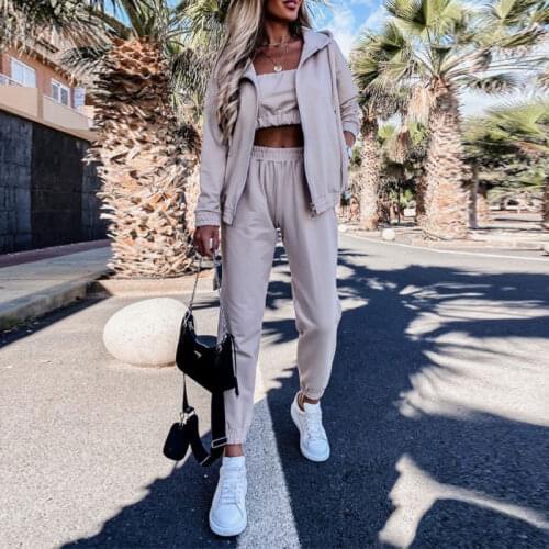 Women Casual Three Piece Set Crop Strapless Hoodies Zipper Tops And Elastic High Waist Pants Suits Loose Solid Female Tracksuits