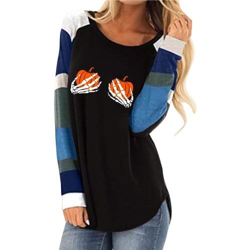Women Long Sleeve Halloween Pullover T-shirt Round Neck Blouse Top Skeleton Hand Pumpkin Print Daily All-match Girls T-shirt Top