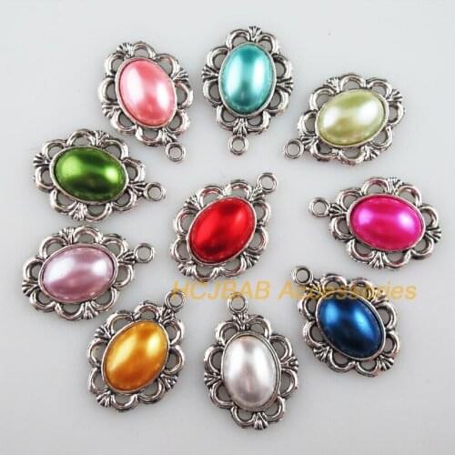 10Pcs Tibetan Silver Tone Retro Oval Mixed Acrylic Charms Pendants 18x26.5mm