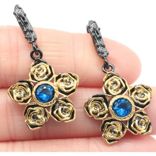 37x20mm Unique Jewelry Set Gothic Flowers Created Paris Blue Topaz Violet Tanzanite Black Gold Silver Pendant Earrings Hiphop