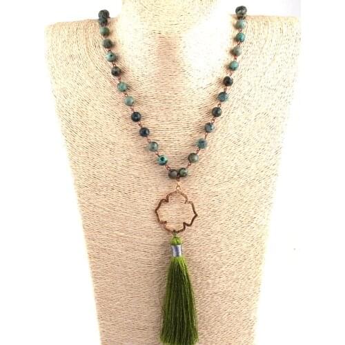 Free Shipping Fashion Bohemian Tribal Artisan Jewelry Green Africa Stone Chain Flower of Life Tassel Women Necklace
