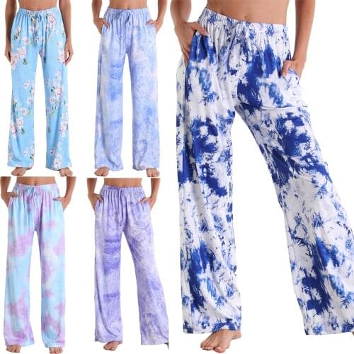 Women Summer Print Loose Casual Wide Pants Lace Up Ties Camouflage Beach Long Pants Femal Trousers Streetwear S-3XL