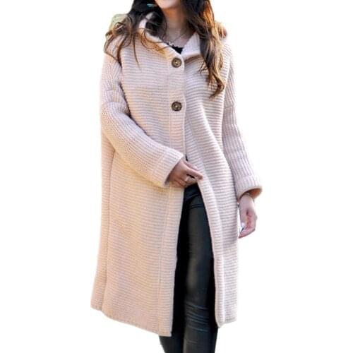 New Arrival Women Autumn Winter Solid Color Button Cardigan Sweater Midi Hooded Coat Outwear