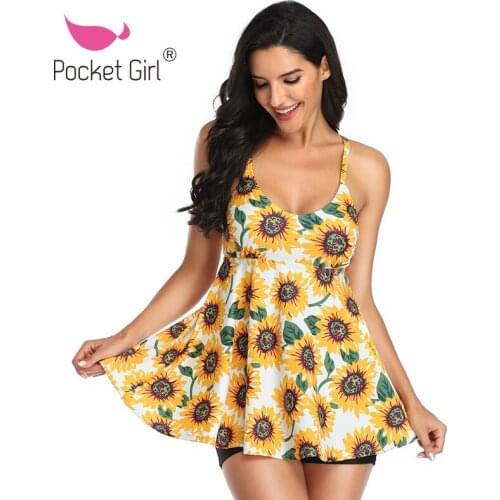 Pocket Girl 2021 Women Sunflower Swimsuit Print High Waist Bikini Set Two Piece Swimwear Summer Beach Halter Bra Short Trikini
