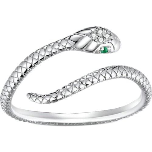 Kili Snake Ring for Women S925 Silver Adjustable Rings Green Zircon Retro Fine Jewelry Pretty Textures Design