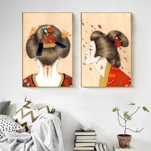 Red Japan Kimono Girl Canvas Painting Japanese Traditional Makeup Wall Art Print Pictures Home Decoration Poster for Living Room