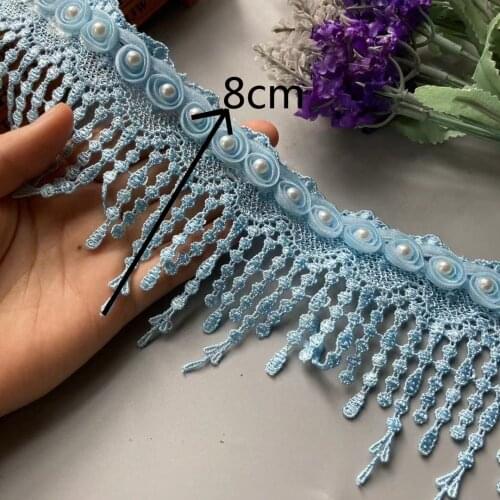 1 Yard Blue 8cm Ribbon Plum Flowers Pearl Lace Trimmings Ribbons Beaded Lace Fabric Embroidered Sewing Wedding Dress Clothes