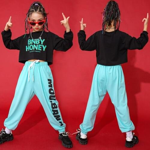 Fashion Jazz Dance Costumes For Girls Black Long Sleeve Tops Hiphop Pants Modern Dance Hip Hop Clothes Street Dance Wear SL4308
