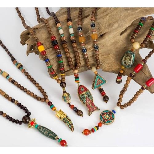 Handmade Nepal Necklace Buddhist Mala Wood Beads Pendant & Necklace Ethnic Geometric Long Strand Statement Jewelry Women Men