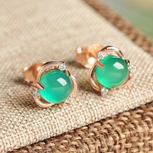Charming Green Gems Crystal Stud Earrings Round Cut Stone Rose Gold Plated Earrings Bride Wedding Jewelry Birthstone Gifts