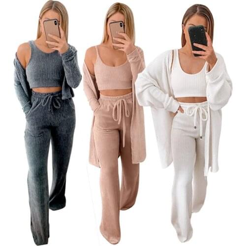 Newest Solid Women Sets Vest+Long Sleeve Long Coat+High Waist Drawstring Wide Floor Length Pants Three Pieces 2020 Autumn