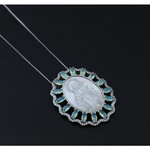 Newranos Virgin Mary Pendant Necklace Mother Shell Pearl AAA Cubic Zirconia Statement Necklace for Women Fashion Jewelry PGY033