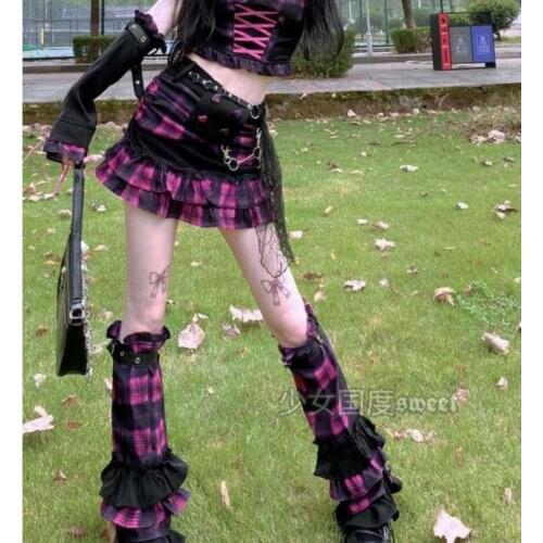 Ruibbit New Arrival Gothic Harajuku hot girl cake dress Pink sweet soft girl punk Japanese lace plaid Mini Short skirts