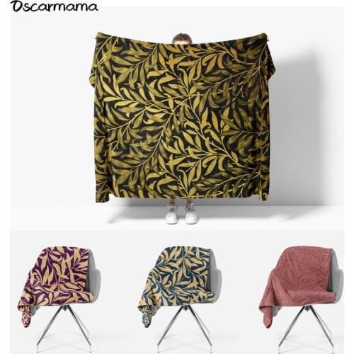 Scandinavian William Morris Bohemian Plant Leaves Black Gold Queen Size Blanket Picnic Beach Towel Sofa Bed Cover Up Wall Decor
