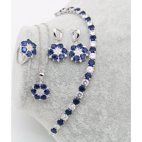 XUTAAYI Luxury Earrings 925 Silver Wedding Jewelry Sets For Women Blue Sapphire Bracelet Rings Bridal Pendant Necklace Set