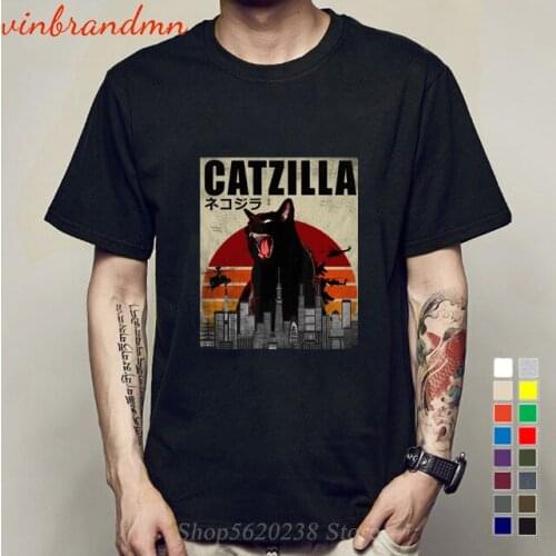 Catzilla Funny Cat men t shirts Japanese Sunset print tee tshirts Birthday Christmas Gift Idea T-Shirt Fashion Catzilla Cat tees