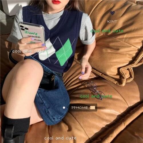 Woman Jacket Vest Girl British Style Bandage Dress Awesome Color Matching Rhombus Plaid V-neck Knitted Vest Female Chaleco Mujer