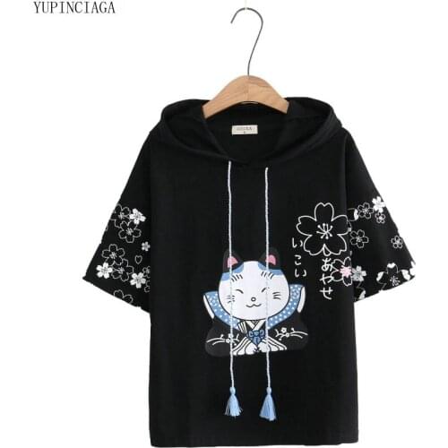 Womens Cartoon Cat Flower Print Hooded Sweatshirt Short Sleeve New Loose Hoodies 2020 Summer Sweet Style Harajuku Pullovers
