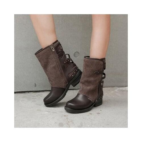 Fashion Western Short Botas Genuine Leather Punk Riding Motorcycle Boots Round Toe Med Chunky Heels wedges Shoes Woman Zapatos