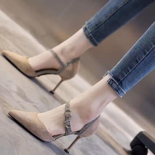 New Net Celebrity Ladies High Heels Spring and Summer New One-word Buckle Stiletto All-match Hollow Single Shoes Work Shoes 2021