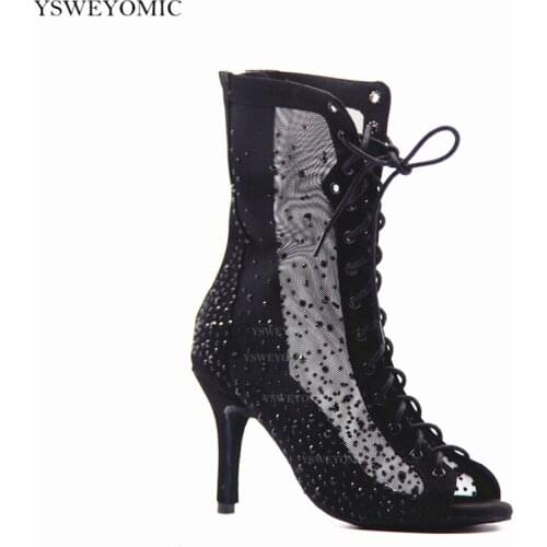 Sparkly Black Rhinestones Bachata Latin Shoes Women High Heel 8.5cm Mesh Nubuck High Quality Soft Insole Girls Latin Dance Shoes
