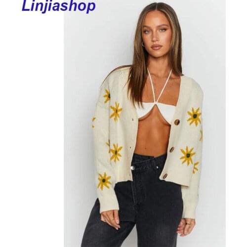 Preppy Style Flower Knit Cardigans Women Sweater V Neck Loose Elegaht Femme Print Short Casual Coat Spring Autumn Sweet Clothing