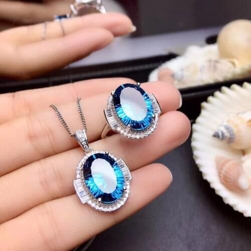 Fashion big 10*14mm round Natural blue topaz gem Ring Pendant Natural Gemstone Jewelry Set 925 Silver Women party gift jewelry
