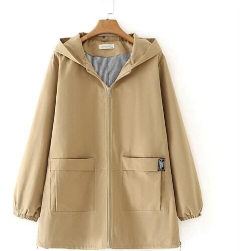 Korean Style Loose Oversized XL Womens Trench Coat Hooded pocket Lady Windbreaker coat NEW Spring Fall Casual Outwear Khaki