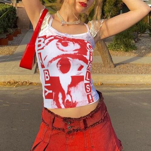 Womens Crop Cami Tops Sleeveless Spaghetti Strap Eye Letter Print Slim Fit Camisole