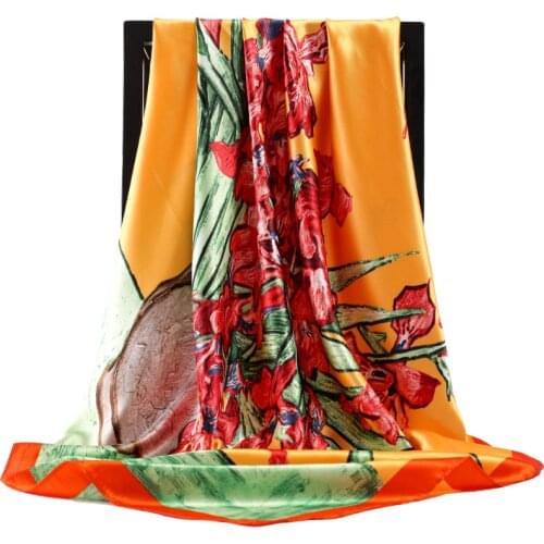 2021 Female 90X90CM Silk Scarves Autumn Fashion Square Bandanna Popular Sunscreen Dustproof Kerchief Luxury Colour Print Shawls