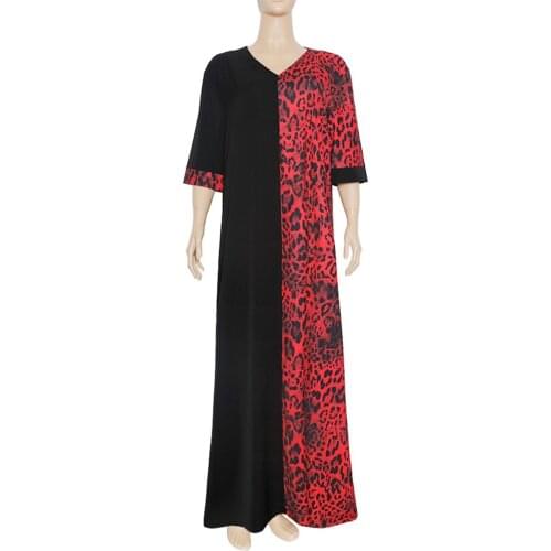African Black Leopard Print Dresses Women Patchwork V Neck Loose Casual Boubou Dashiki Clothes Abaya Dubai Robe Long Dress